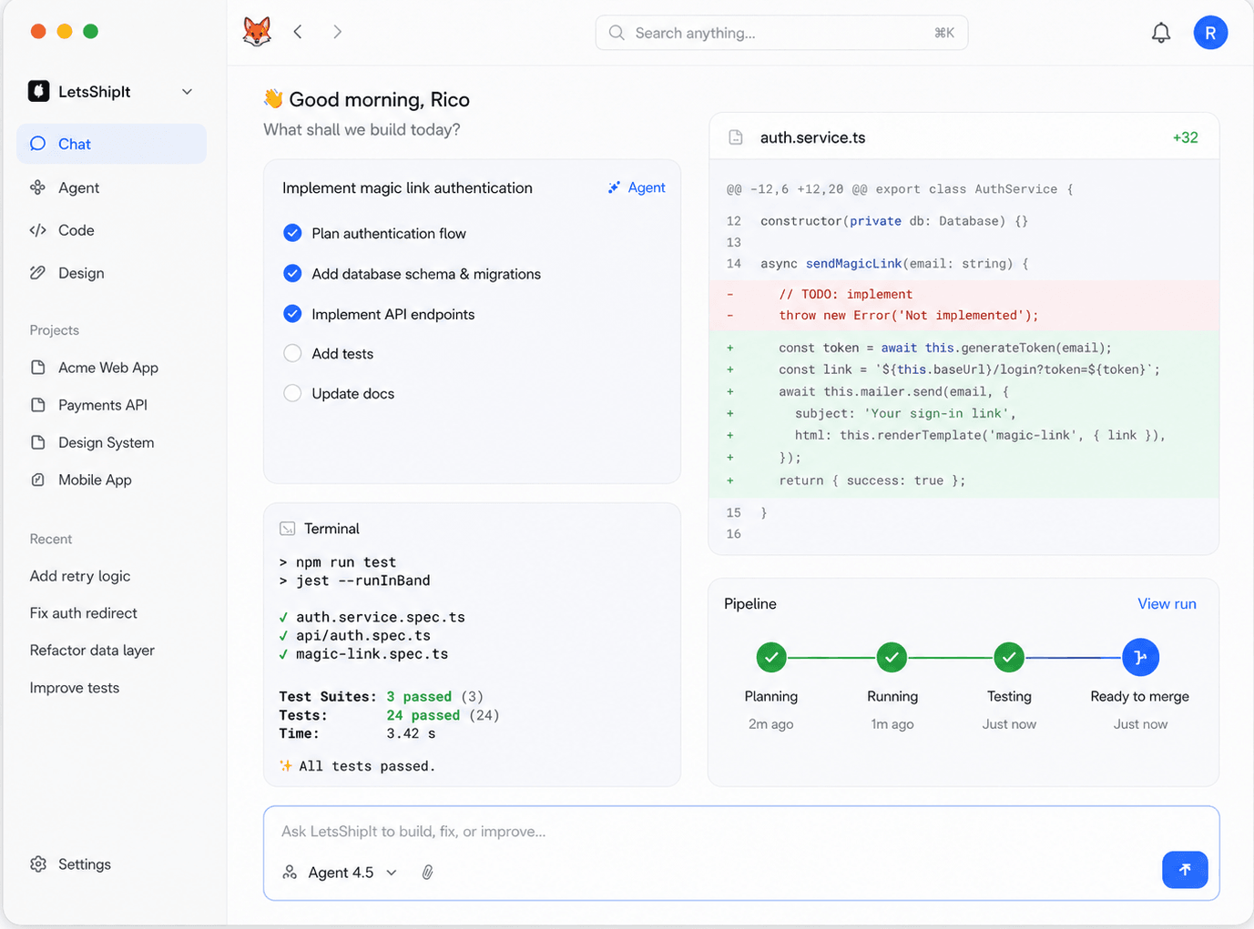 LetsShipIt app interface showing the chat-based agent, terminal output, and shipping pipeline
